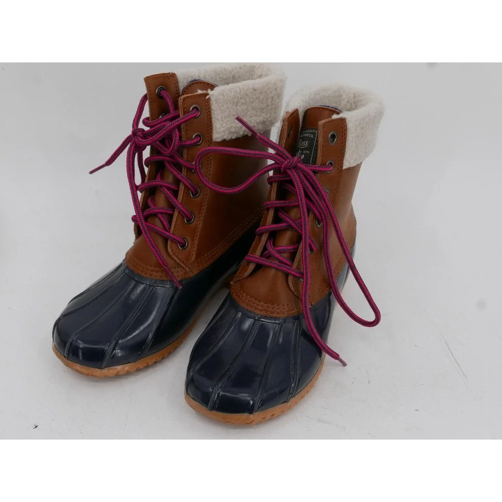 Bass Harlequin Winter Boots Brown Navy Faux Fur Ankle Lace Up Womens Size 6